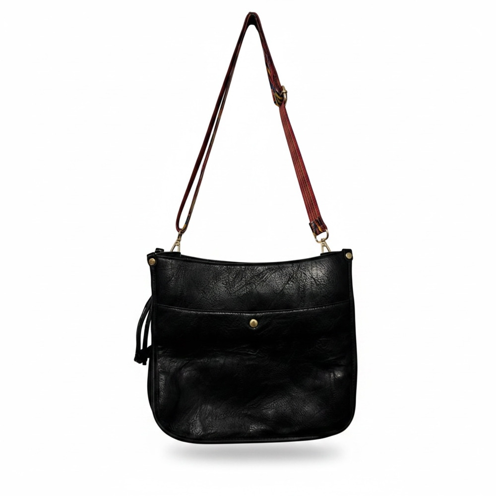 Black Faux Leather Crossbody Bag with Colorful Woven Guitar Strap and Tassel